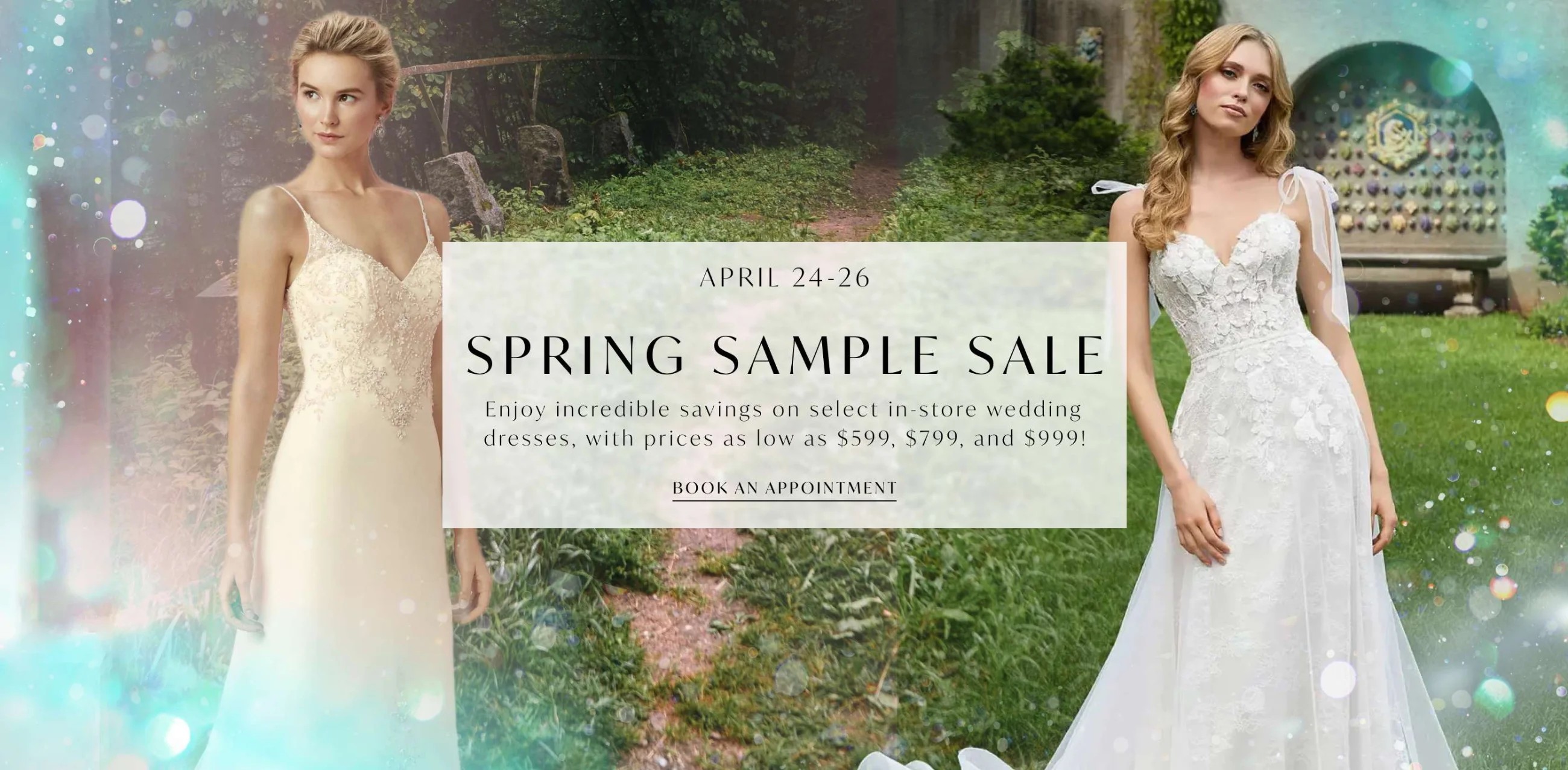 Spring Sample Sale banner Desktop 2 models are wearing Morilee ML-5952 and Casablanca Bridal BL-222