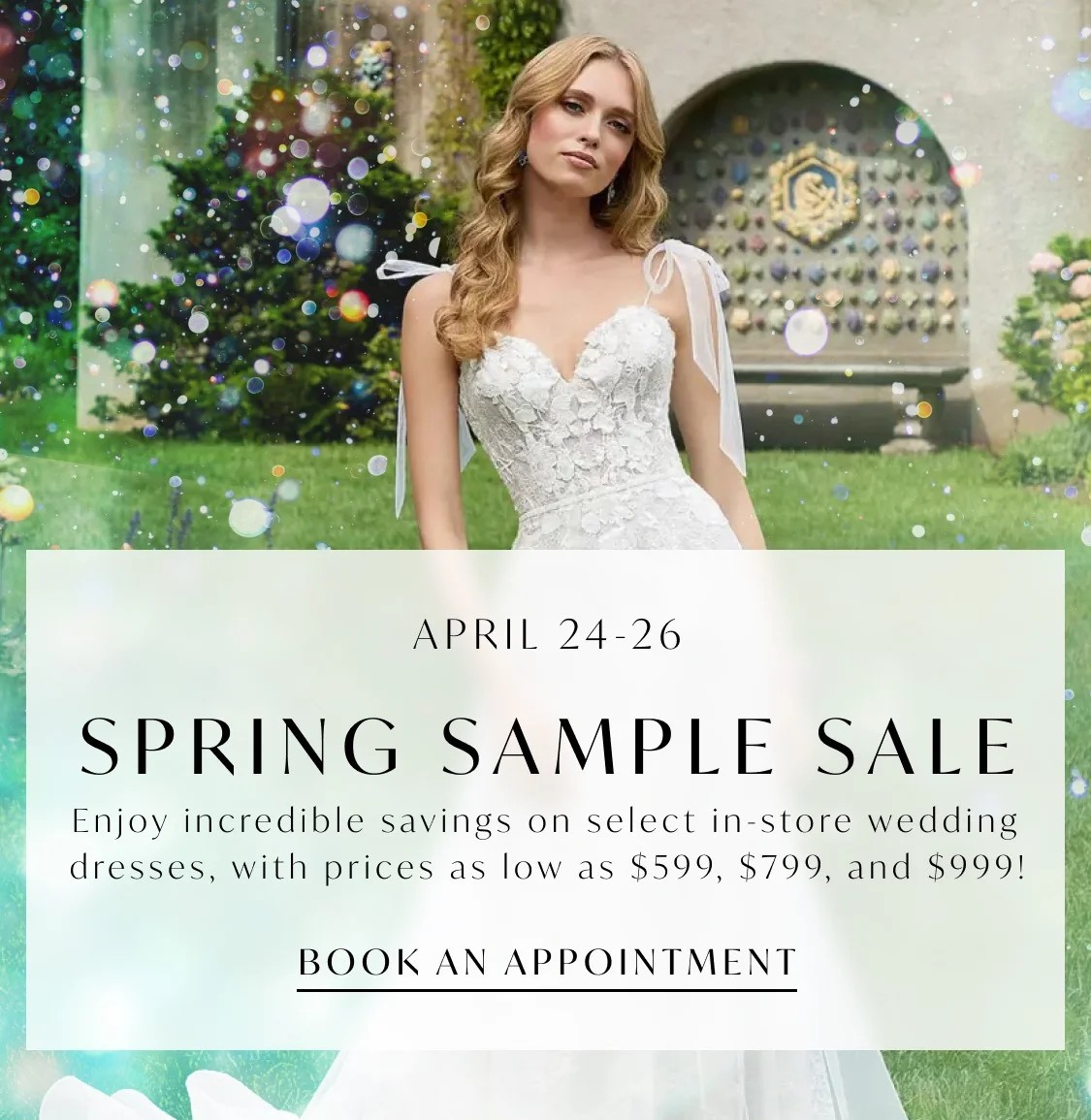 Spring Sample Sale banner Mobile 2 models are wearing Morilee ML-5952 and Casablanca Bridal BL-222