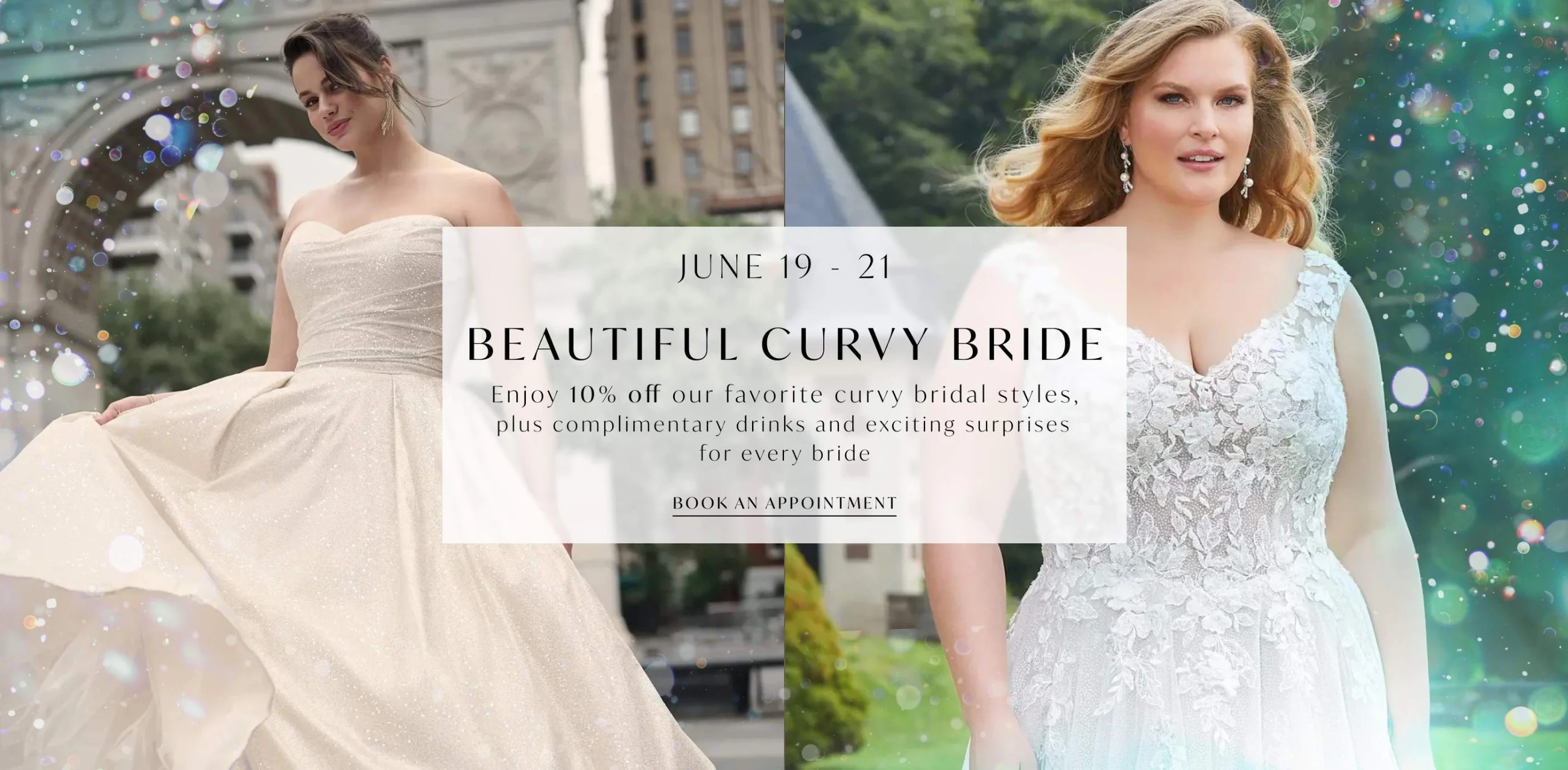 Beautiful Curvy Bride Desktop banner 2 Models wearing Morilee 3354 and Maggie Sottero Anniston gowns